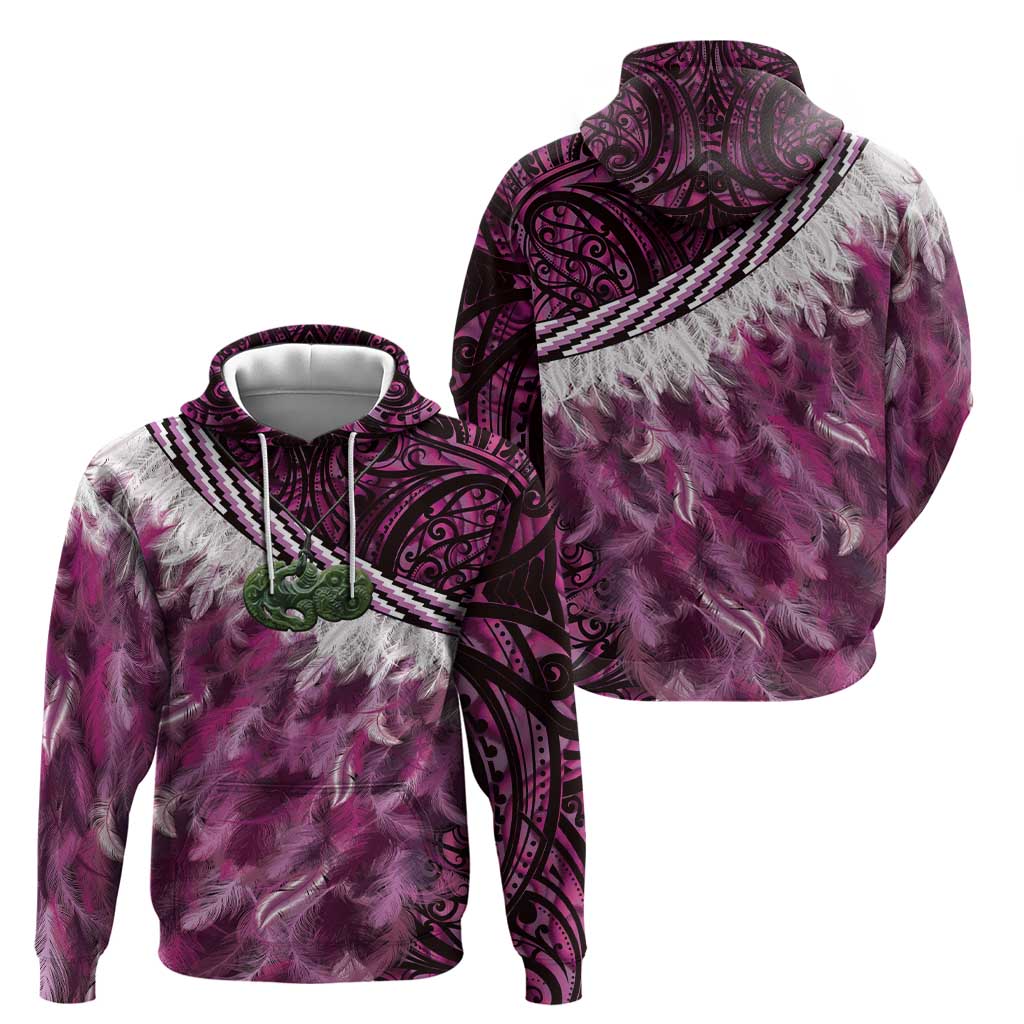 Pink Traditional Cloak Aotearoa Zip Hoodie Maori Paua Shell Korowai Pattern