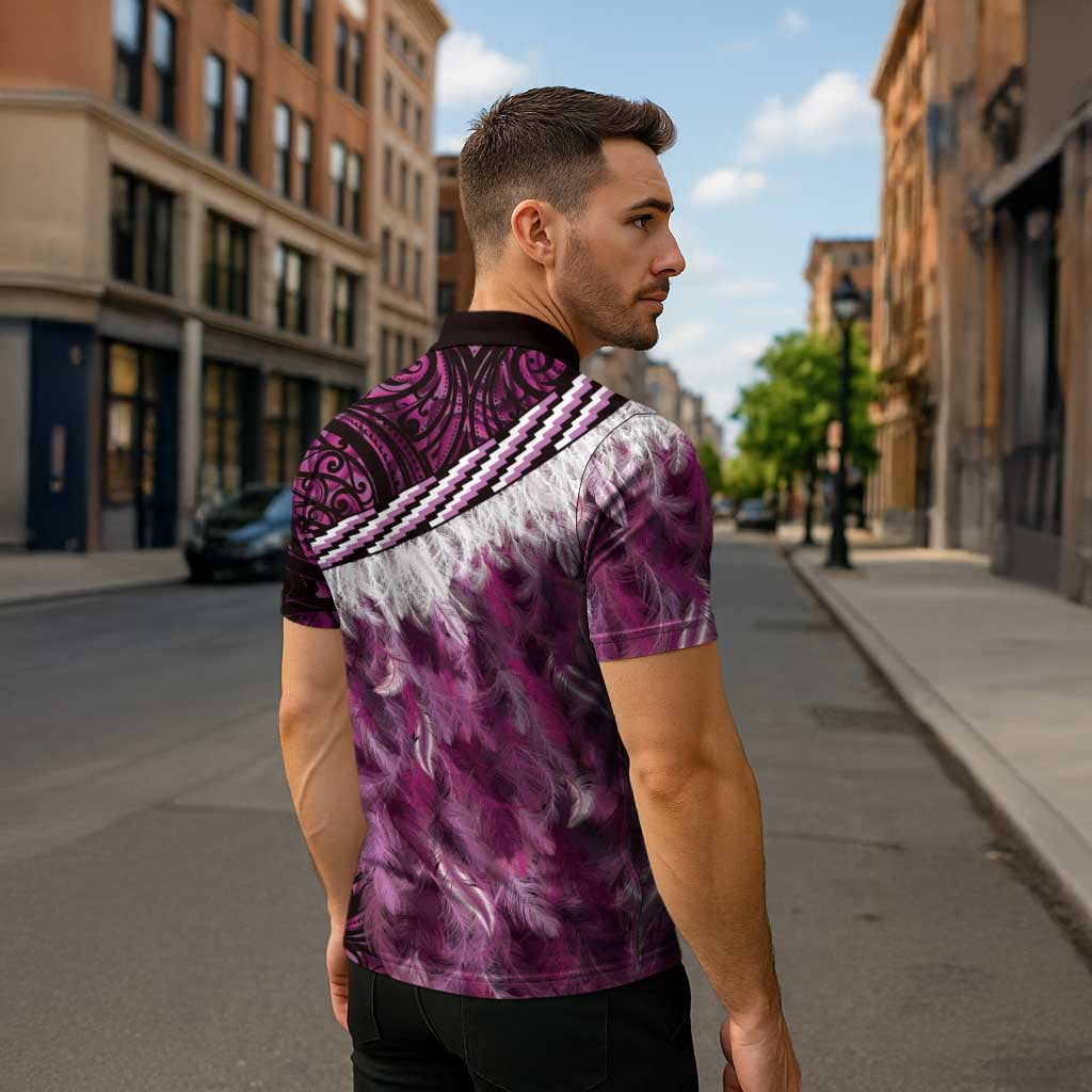 Pink Traditional Cloak Aotearoa Zipper Polo Shirt Maori Paua Shell Korowai Pattern - Polynesian Pride
