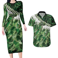 Green Traditional Cloak Aotearoa Couples Matching Long Sleeve Bodycon Dress and Hawaiian Shirt Maori Paua Shell Korowai Pattern LT14 Green - Polynesian Pride