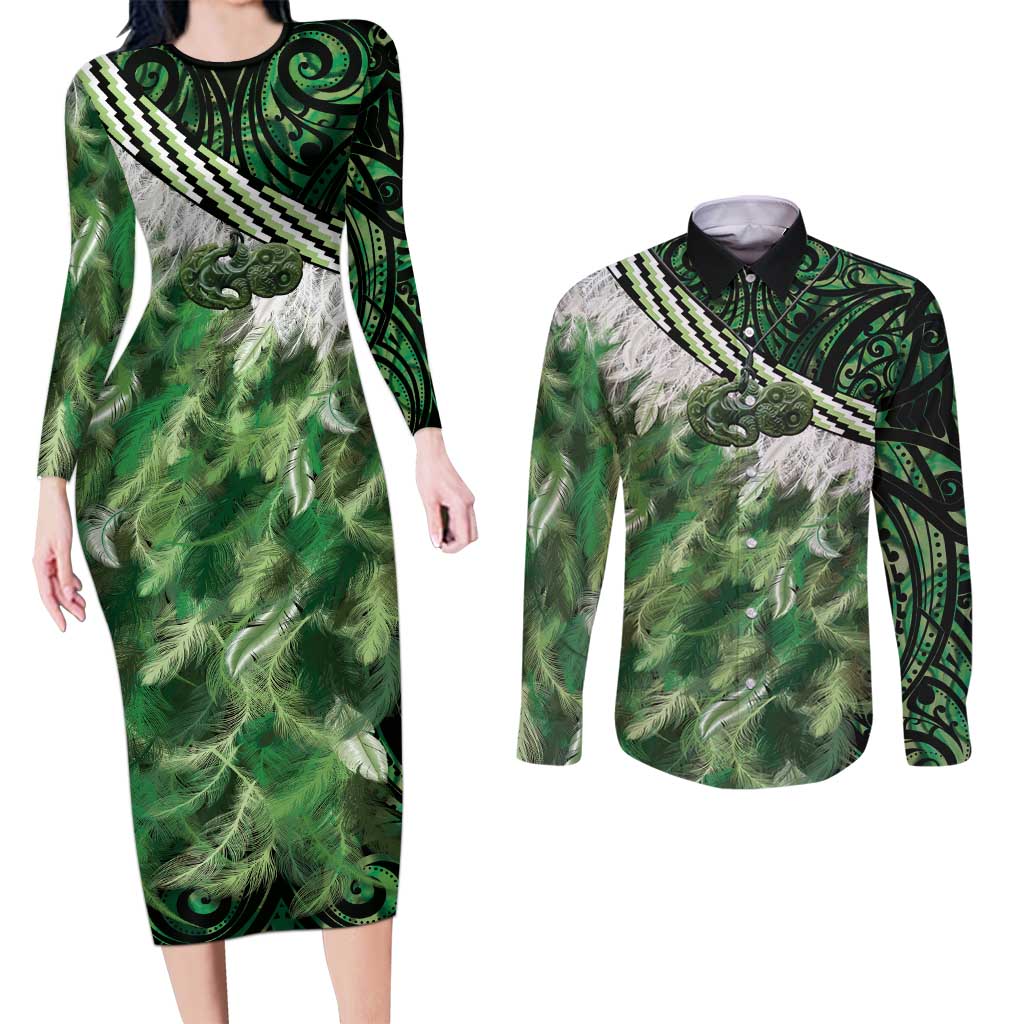 Green Traditional Cloak Aotearoa Couples Matching Long Sleeve Bodycon Dress and Long Sleeve Button Shirt Maori Paua Shell Korowai Pattern