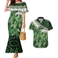 Green Traditional Cloak Aotearoa Couples Matching Mermaid Dress and Hawaiian Shirt Maori Paua Shell Korowai Pattern LT14 Green - Polynesian Pride