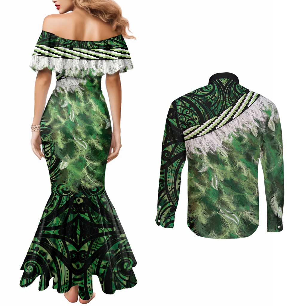 Green Traditional Cloak Aotearoa Couples Matching Mermaid Dress and Long Sleeve Button Shirt Maori Paua Shell Korowai Pattern LT14 - Polynesian Pride