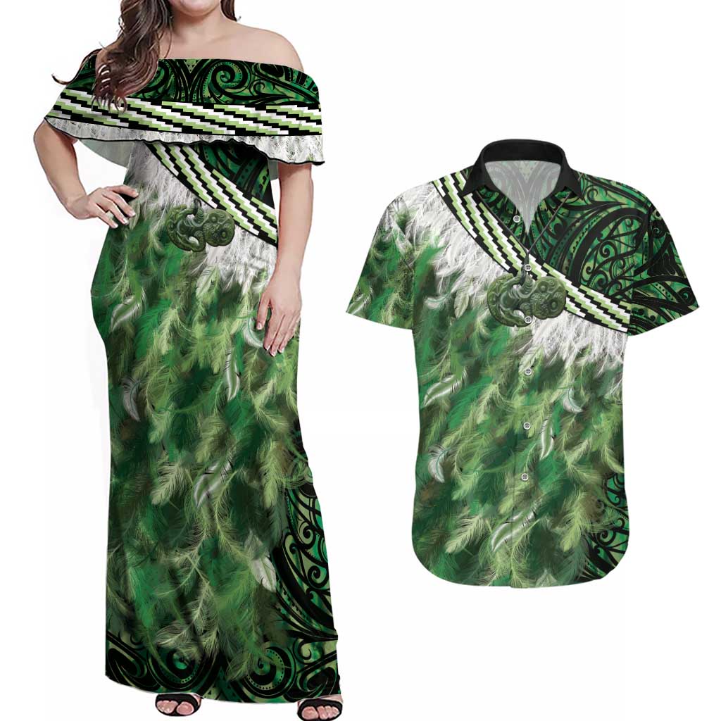 Green Traditional Cloak Aotearoa Couples Matching Off Shoulder Maxi Dress and Hawaiian Shirt Maori Paua Shell Korowai Pattern LT14 Green - Polynesian Pride
