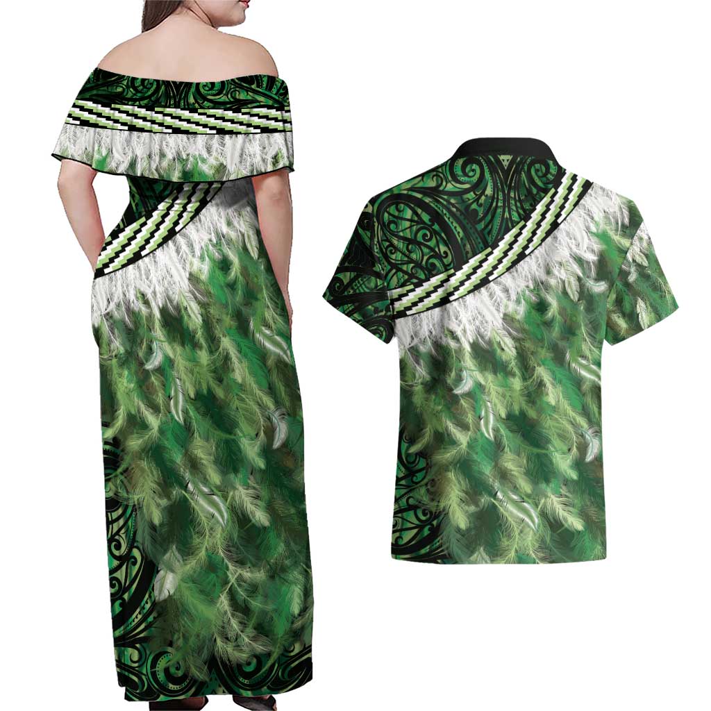 Green Traditional Cloak Aotearoa Couples Matching Off Shoulder Maxi Dress and Hawaiian Shirt Maori Paua Shell Korowai Pattern LT14 - Polynesian Pride