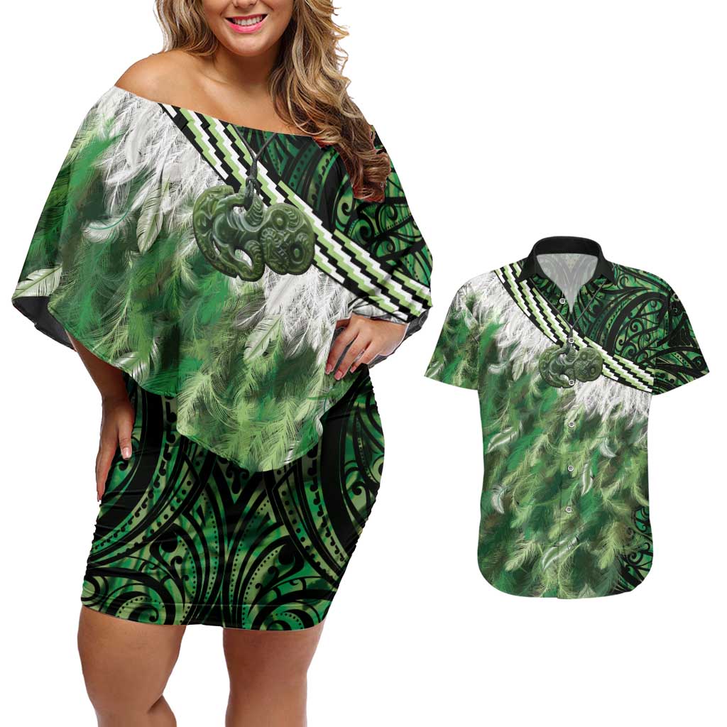 Green Traditional Cloak Aotearoa Couples Matching Off Shoulder Short Dress and Hawaiian Shirt Maori Paua Shell Korowai Pattern LT14 Green - Polynesian Pride