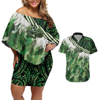 Green Traditional Cloak Aotearoa Couples Matching Off Shoulder Short Dress and Hawaiian Shirt Maori Paua Shell Korowai Pattern LT14 Green - Polynesian Pride