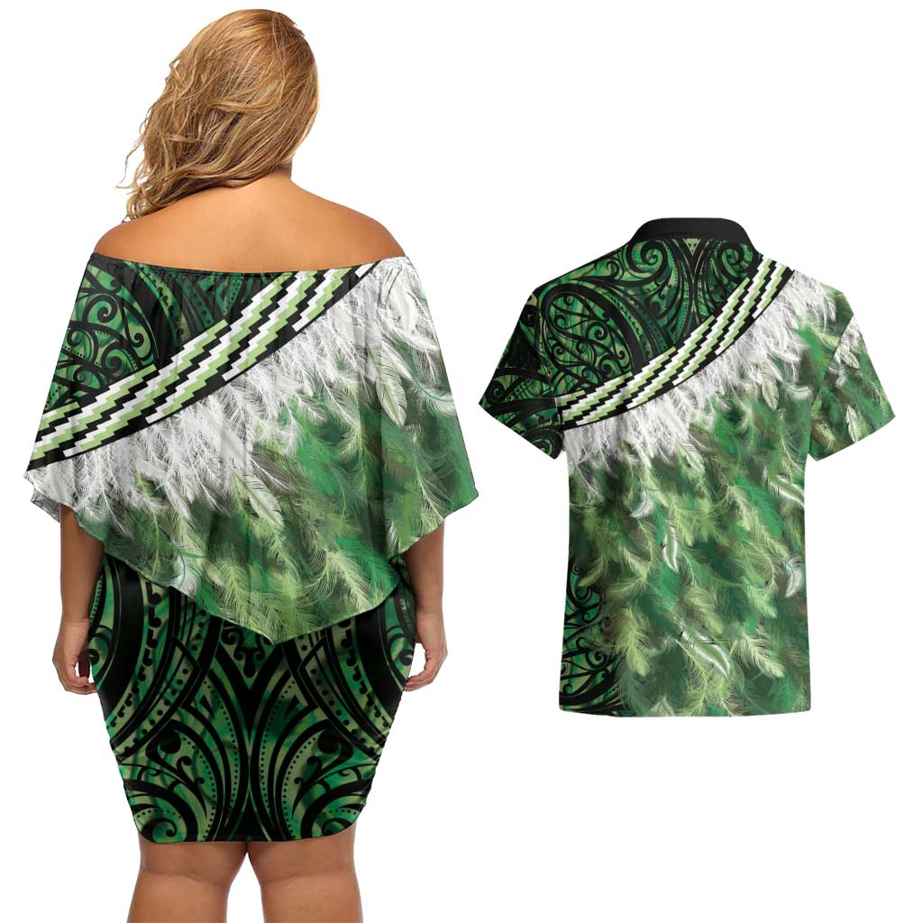 Green Traditional Cloak Aotearoa Couples Matching Off Shoulder Short Dress and Hawaiian Shirt Maori Paua Shell Korowai Pattern LT14 - Polynesian Pride
