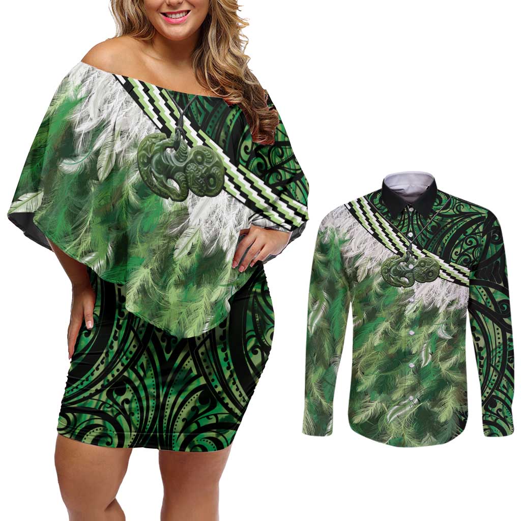 Green Traditional Cloak Aotearoa Couples Matching Off Shoulder Short Dress and Long Sleeve Button Shirt Maori Paua Shell Korowai Pattern