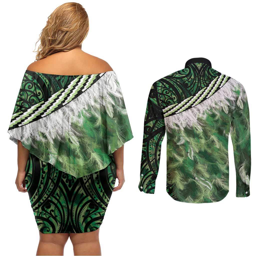 Green Traditional Cloak Aotearoa Couples Matching Off Shoulder Short Dress and Long Sleeve Button Shirt Maori Paua Shell Korowai Pattern