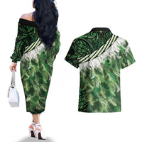 Green Traditional Cloak Aotearoa Couples Matching Off The Shoulder Long Sleeve Dress and Hawaiian Shirt Maori Paua Shell Korowai Pattern LT14 - Polynesian Pride