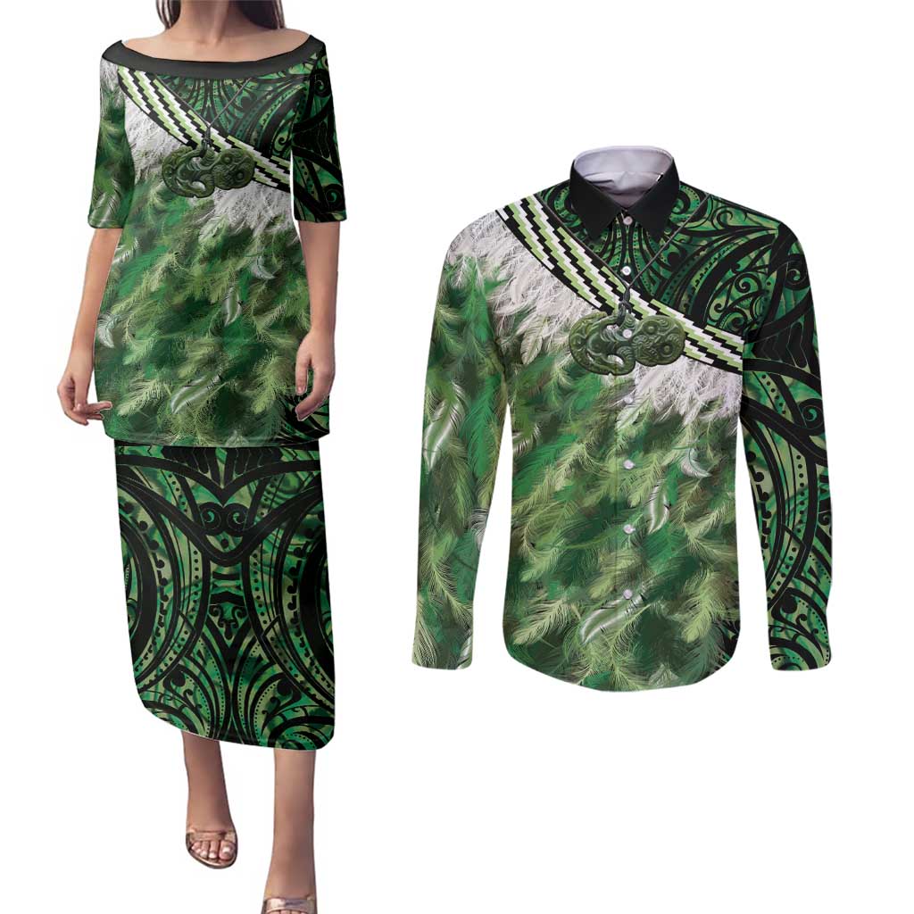Green Traditional Cloak Aotearoa Couples Matching Puletasi and Long Sleeve Button Shirt Maori Paua Shell Korowai Pattern LT14 Green - Polynesian Pride