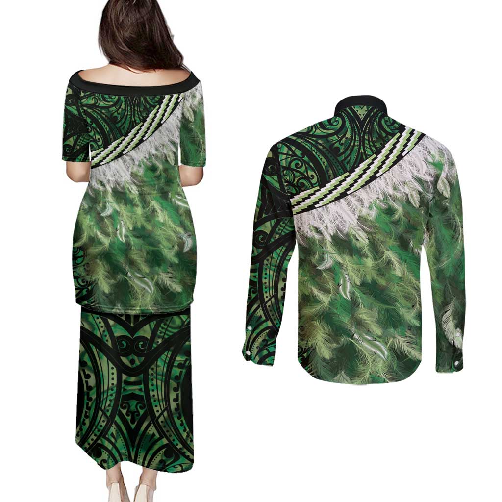 Green Traditional Cloak Aotearoa Couples Matching Puletasi and Long Sleeve Button Shirt Maori Paua Shell Korowai Pattern LT14 - Polynesian Pride