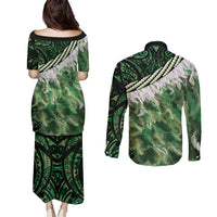 Green Traditional Cloak Aotearoa Couples Matching Puletasi and Long Sleeve Button Shirt Maori Paua Shell Korowai Pattern LT14 - Polynesian Pride