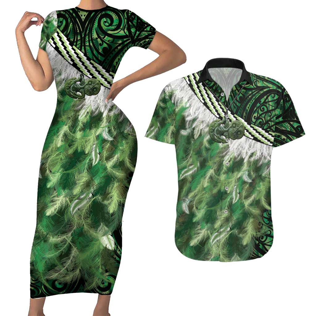Green Traditional Cloak Aotearoa Couples Matching Short Sleeve Bodycon Dress and Hawaiian Shirt Maori Paua Shell Korowai Pattern LT14 Green - Polynesian Pride