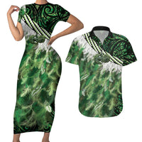 Green Traditional Cloak Aotearoa Couples Matching Short Sleeve Bodycon Dress and Hawaiian Shirt Maori Paua Shell Korowai Pattern LT14 Green - Polynesian Pride