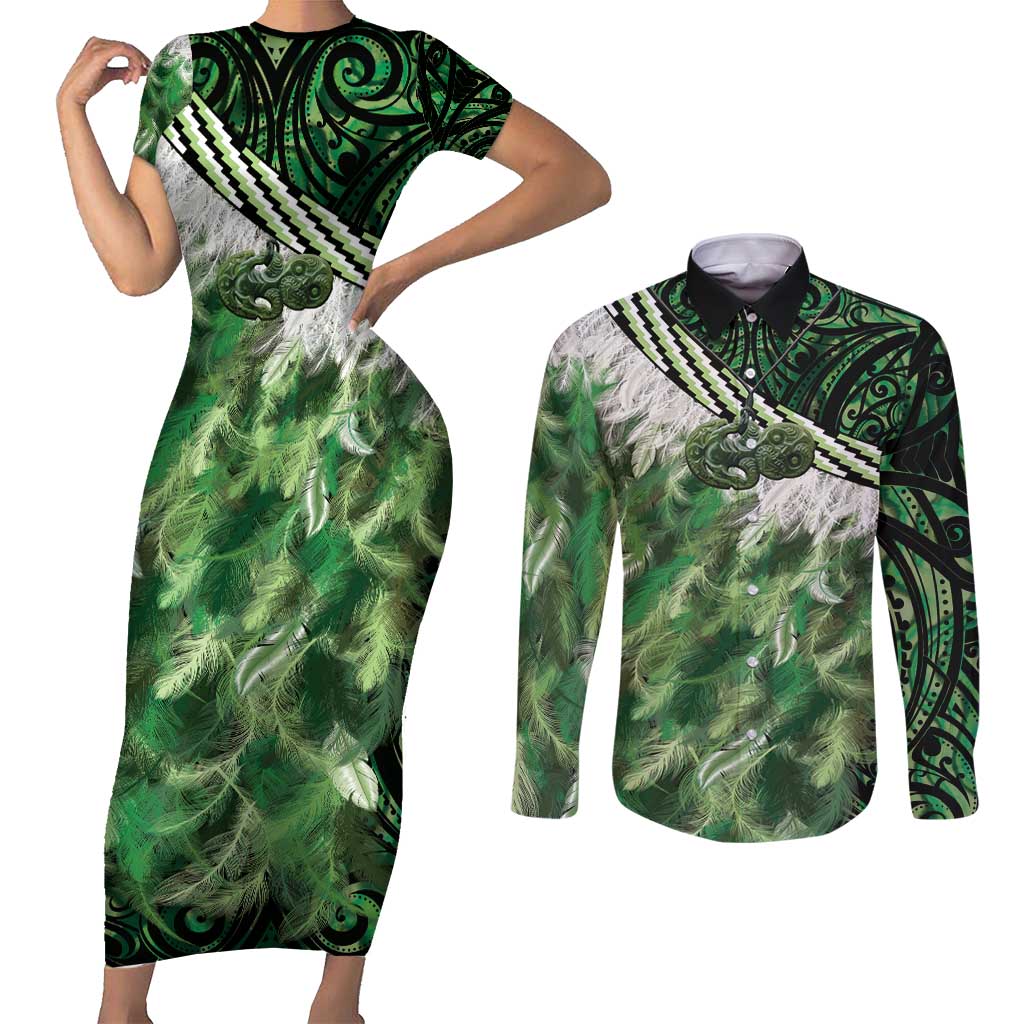 Green Traditional Cloak Aotearoa Couples Matching Short Sleeve Bodycon Dress and Long Sleeve Button Shirt Maori Paua Shell Korowai Pattern LT14 Green - Polynesian Pride
