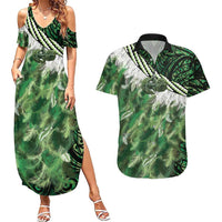 Green Traditional Cloak Aotearoa Couples Matching Summer Maxi Dress and Hawaiian Shirt Maori Paua Shell Korowai Pattern LT14 Green - Polynesian Pride
