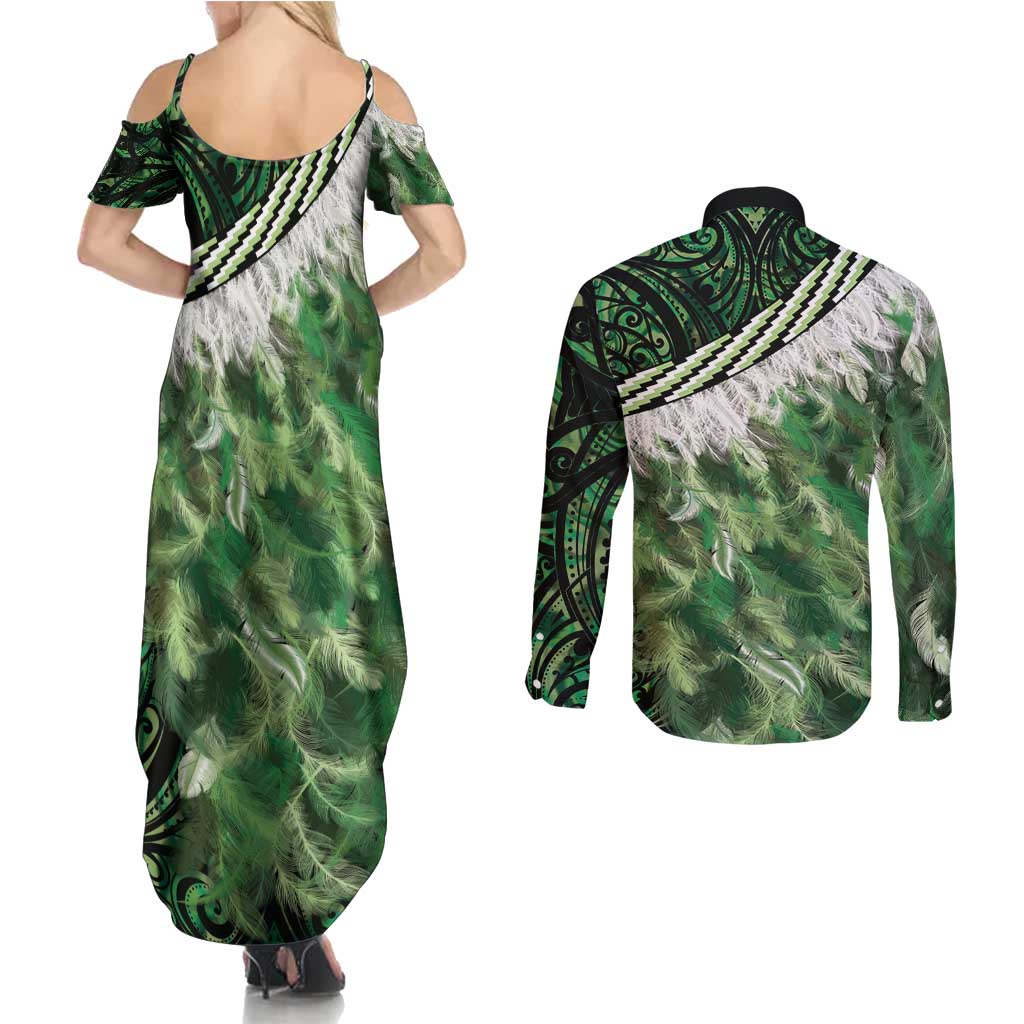 Green Traditional Cloak Aotearoa Couples Matching Summer Maxi Dress and Long Sleeve Button Shirt Maori Paua Shell Korowai Pattern