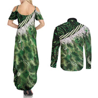 Green Traditional Cloak Aotearoa Couples Matching Summer Maxi Dress and Long Sleeve Button Shirt Maori Paua Shell Korowai Pattern
