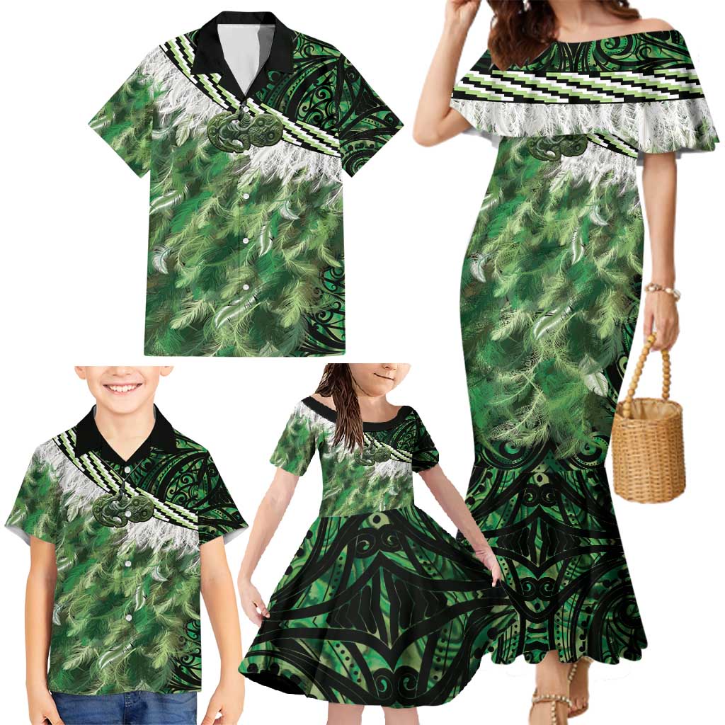 Green Traditional Cloak Aotearoa Family Matching Mermaid Dress and Hawaiian Shirt Maori Paua Shell Korowai Pattern LT14 - Polynesian Pride