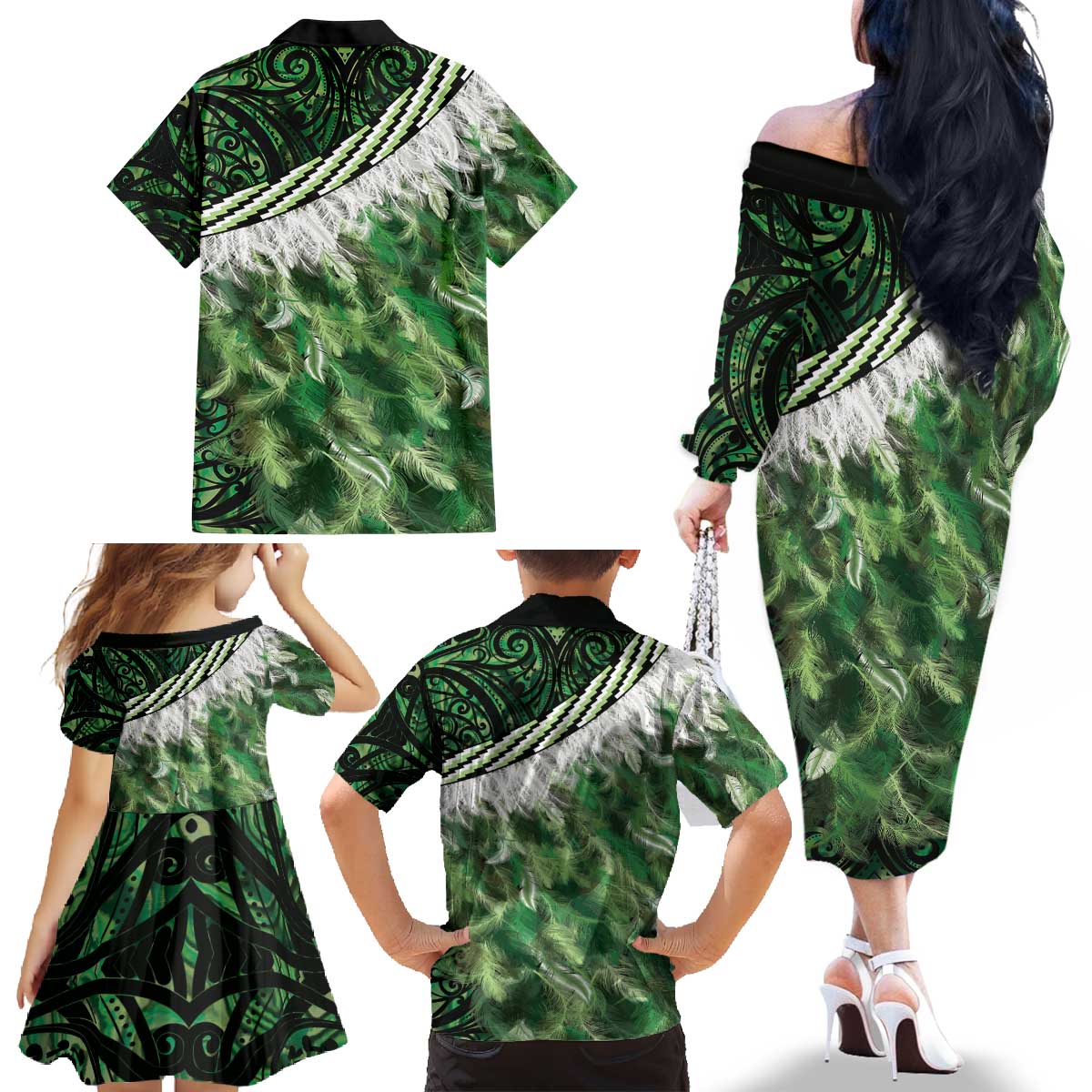 Green Traditional Cloak Aotearoa Family Matching Off The Shoulder Long Sleeve Dress and Hawaiian Shirt Maori Paua Shell Korowai Pattern LT14 - Polynesian Pride