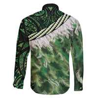 Green Traditional Cloak Aotearoa Family Matching Off The Shoulder Long Sleeve Dress and Hawaiian Shirt Maori Paua Shell Korowai Pattern LT14 - Polynesian Pride