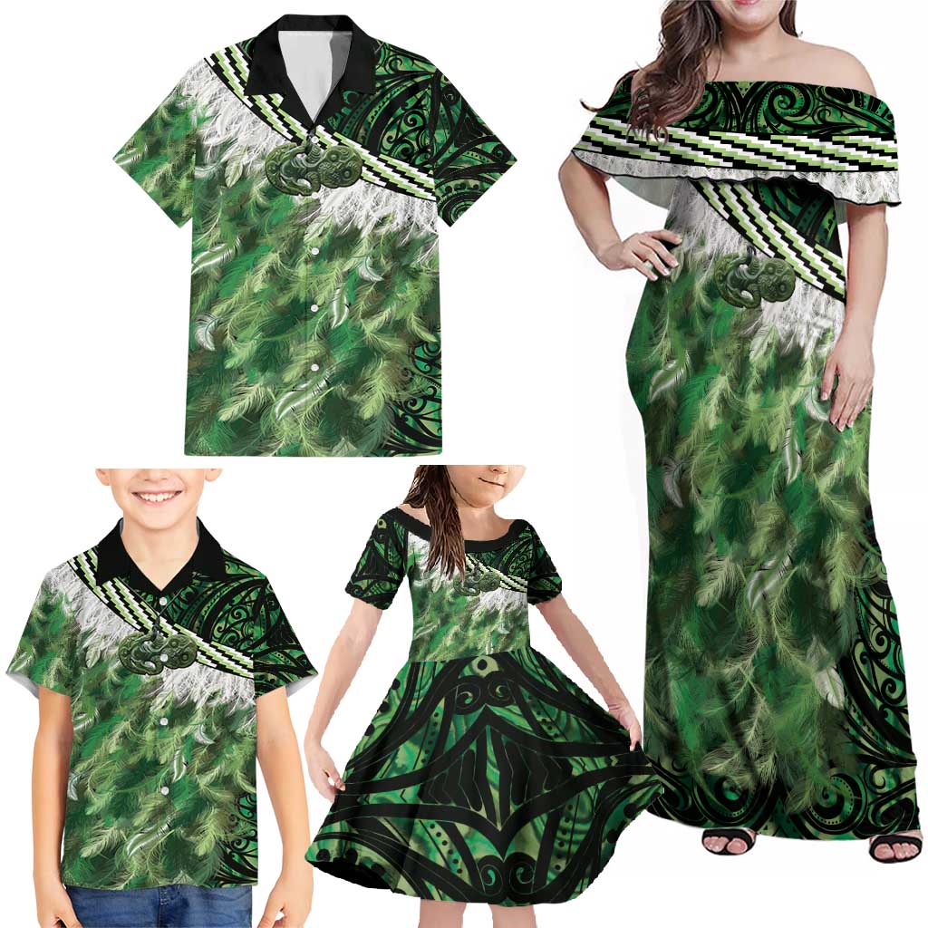 Green Traditional Cloak Aotearoa Family Matching Off Shoulder Maxi Dress and Hawaiian Shirt Maori Paua Shell Korowai Pattern LT14 - Polynesian Pride