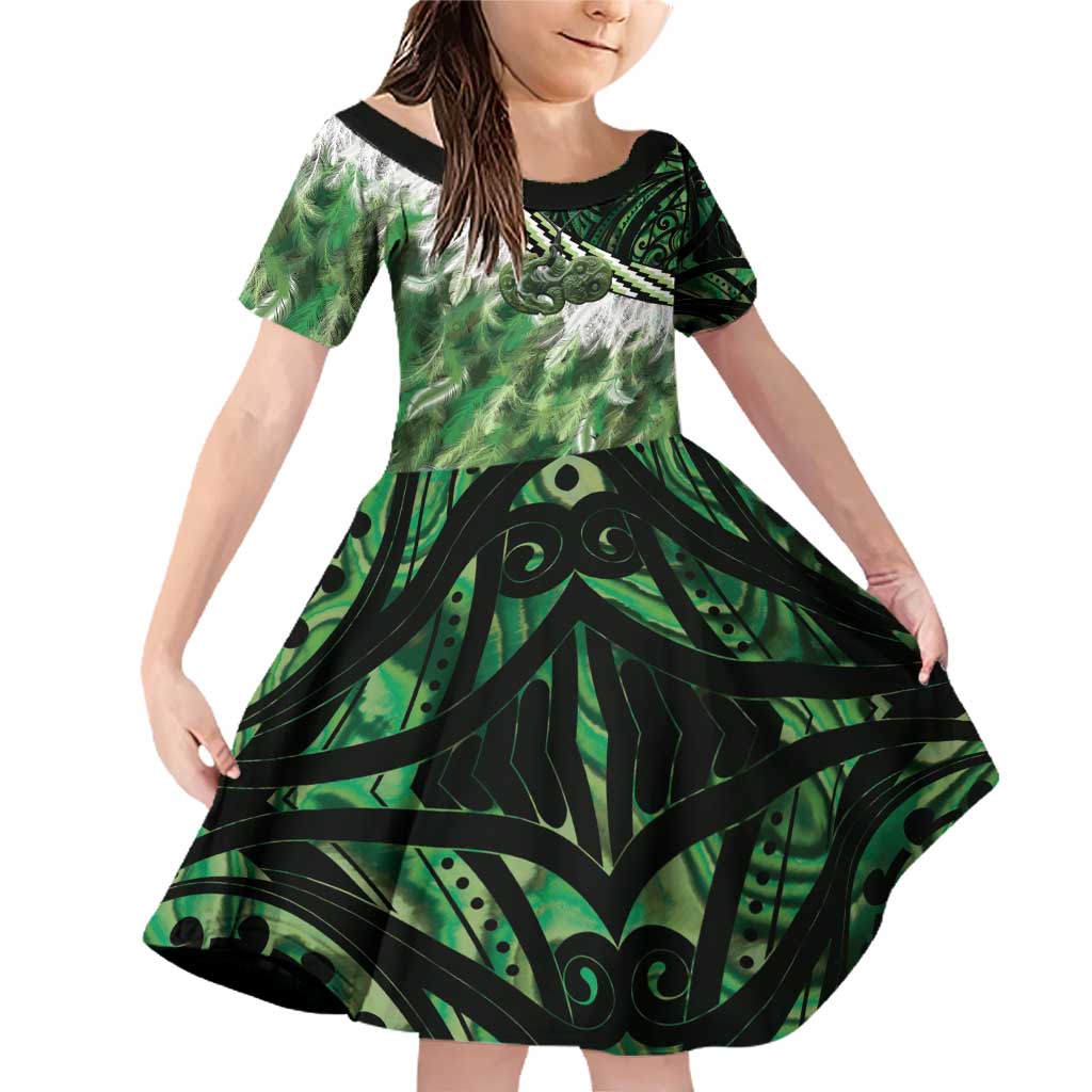 Green Traditional Cloak Aotearoa Family Matching Off Shoulder Short Dress and Hawaiian Shirt Maori Paua Shell Korowai Pattern LT14 Daughter's Dress Green - Polynesian Pride