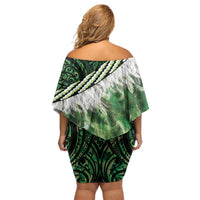 Green Traditional Cloak Aotearoa Family Matching Off Shoulder Short Dress and Hawaiian Shirt Maori Paua Shell Korowai Pattern LT14 - Polynesian Pride