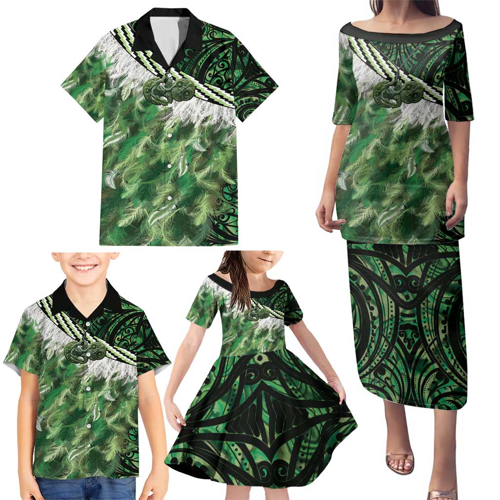 Green Traditional Cloak Aotearoa Family Matching Puletasi and Hawaiian Shirt Maori Paua Shell Korowai Pattern LT14 - Polynesian Pride