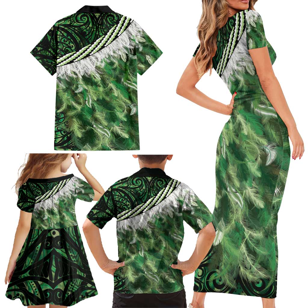 Green Traditional Cloak Aotearoa Family Matching Short Sleeve Bodycon Dress and Hawaiian Shirt Maori Paua Shell Korowai Pattern LT14 - Polynesian Pride