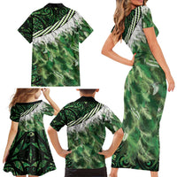 Green Traditional Cloak Aotearoa Family Matching Short Sleeve Bodycon Dress and Hawaiian Shirt Maori Paua Shell Korowai Pattern LT14 - Polynesian Pride