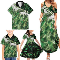 Green Traditional Cloak Aotearoa Family Matching Summer Maxi Dress and Hawaiian Shirt Maori Paua Shell Korowai Pattern LT14 - Polynesian Pride