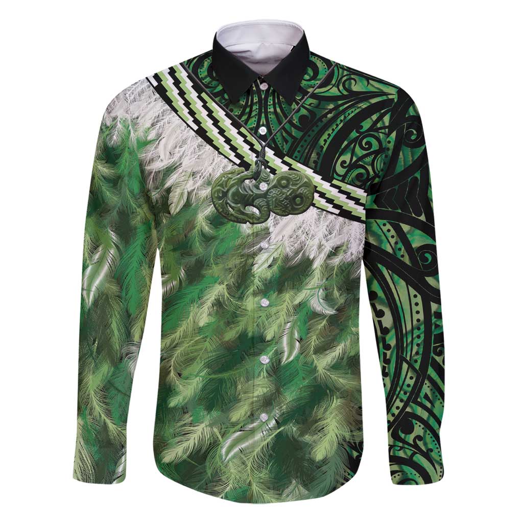 Green Traditional Cloak Aotearoa Family Matching Summer Maxi Dress and Hawaiian Shirt Maori Paua Shell Korowai Pattern LT14 Dad's Shirt - Long Sleeve Green - Polynesian Pride