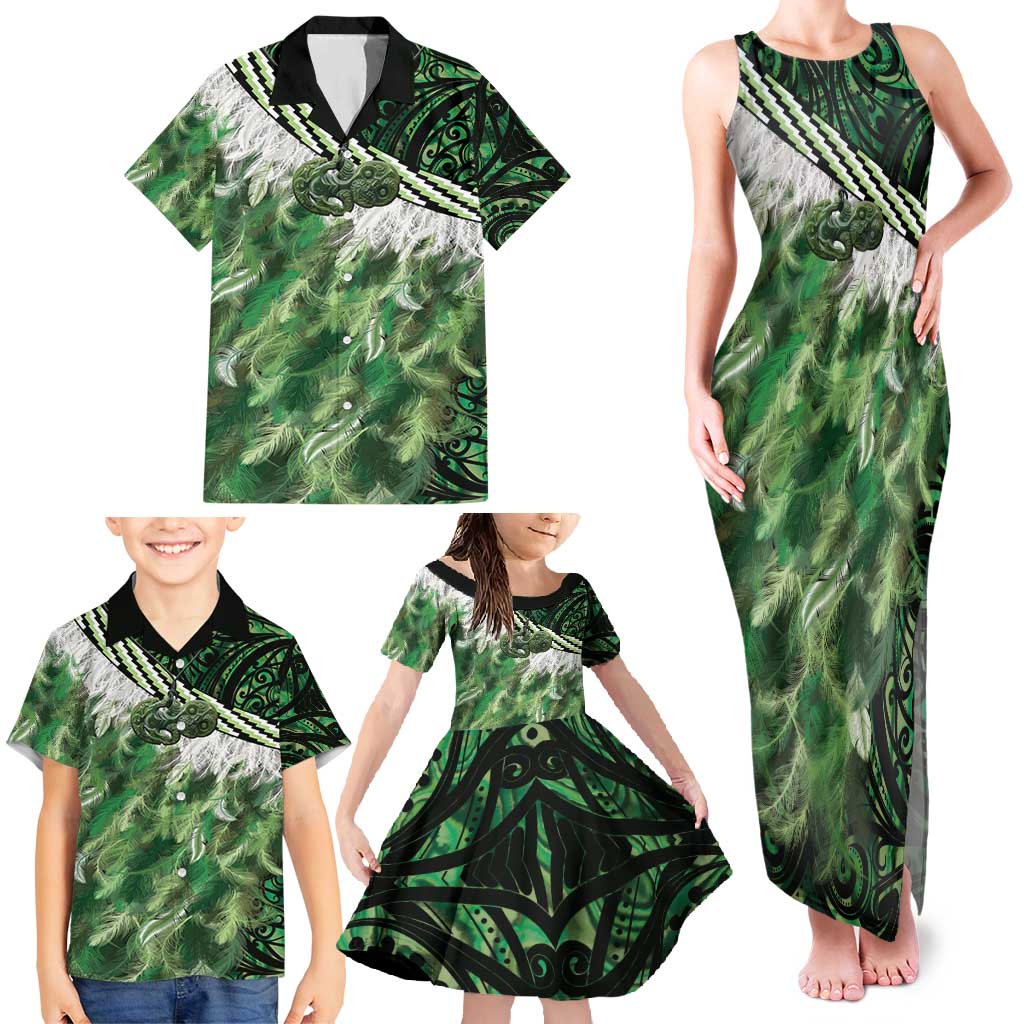 Green Traditional Cloak Aotearoa Family Matching Tank Maxi Dress and Hawaiian Shirt Maori Paua Shell Korowai Pattern LT14 - Polynesian Pride