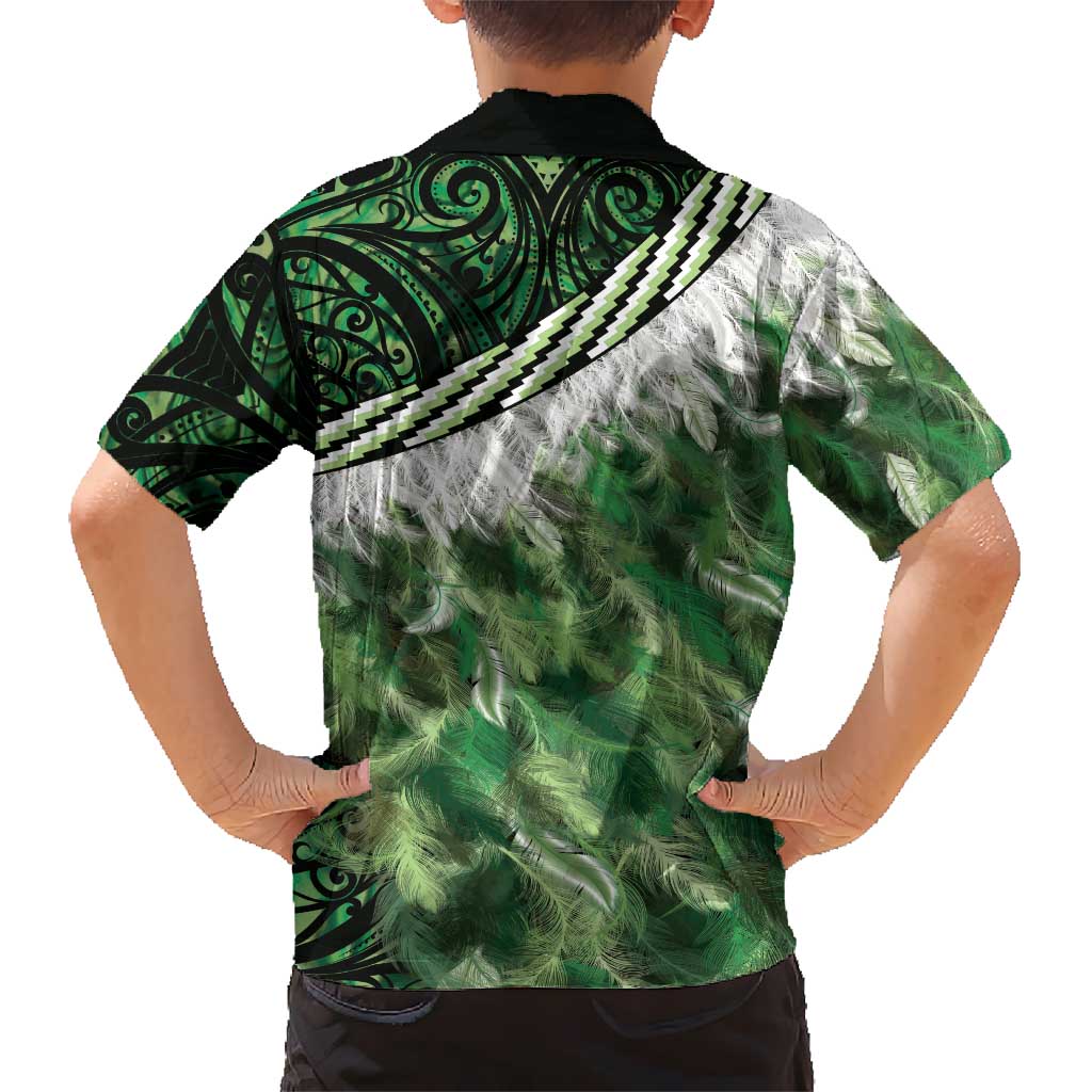 Green Traditional Cloak Aotearoa Kid Hawaiian Shirt Maori Paua Shell Korowai Pattern