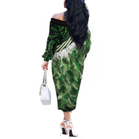 Green Traditional Cloak Aotearoa Off The Shoulder Long Sleeve Dress Maori Paua Shell Korowai Pattern