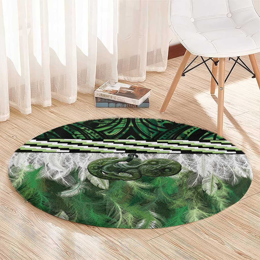 Green Traditional Cloak Aotearoa Round Carpet Maori Paua Shell Korowai Pattern LT14 - Polynesian Pride