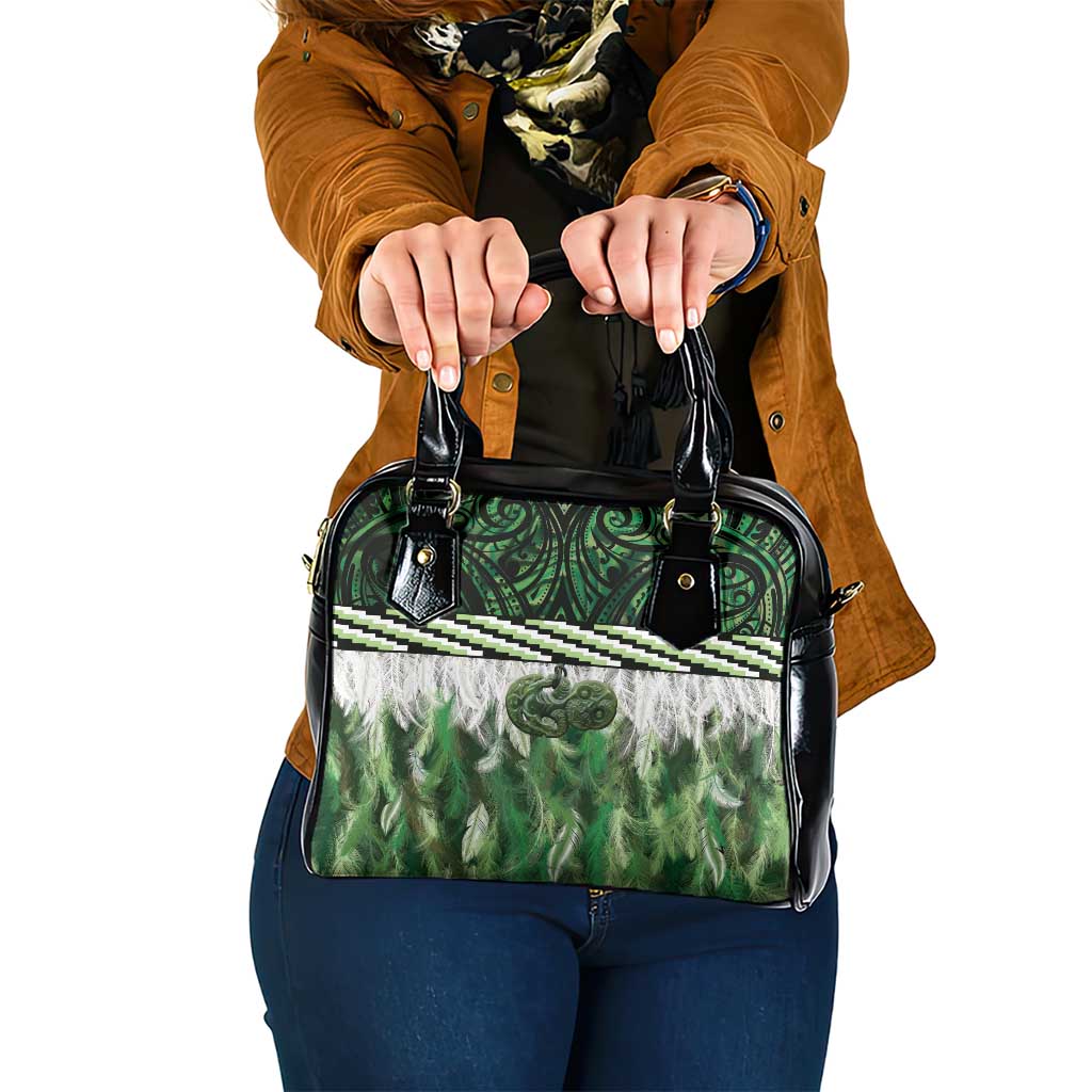 Green Traditional Cloak Aotearoa Shoulder Handbag Maori Paua Shell Korowai Pattern LT14 One Size Green - Polynesian Pride