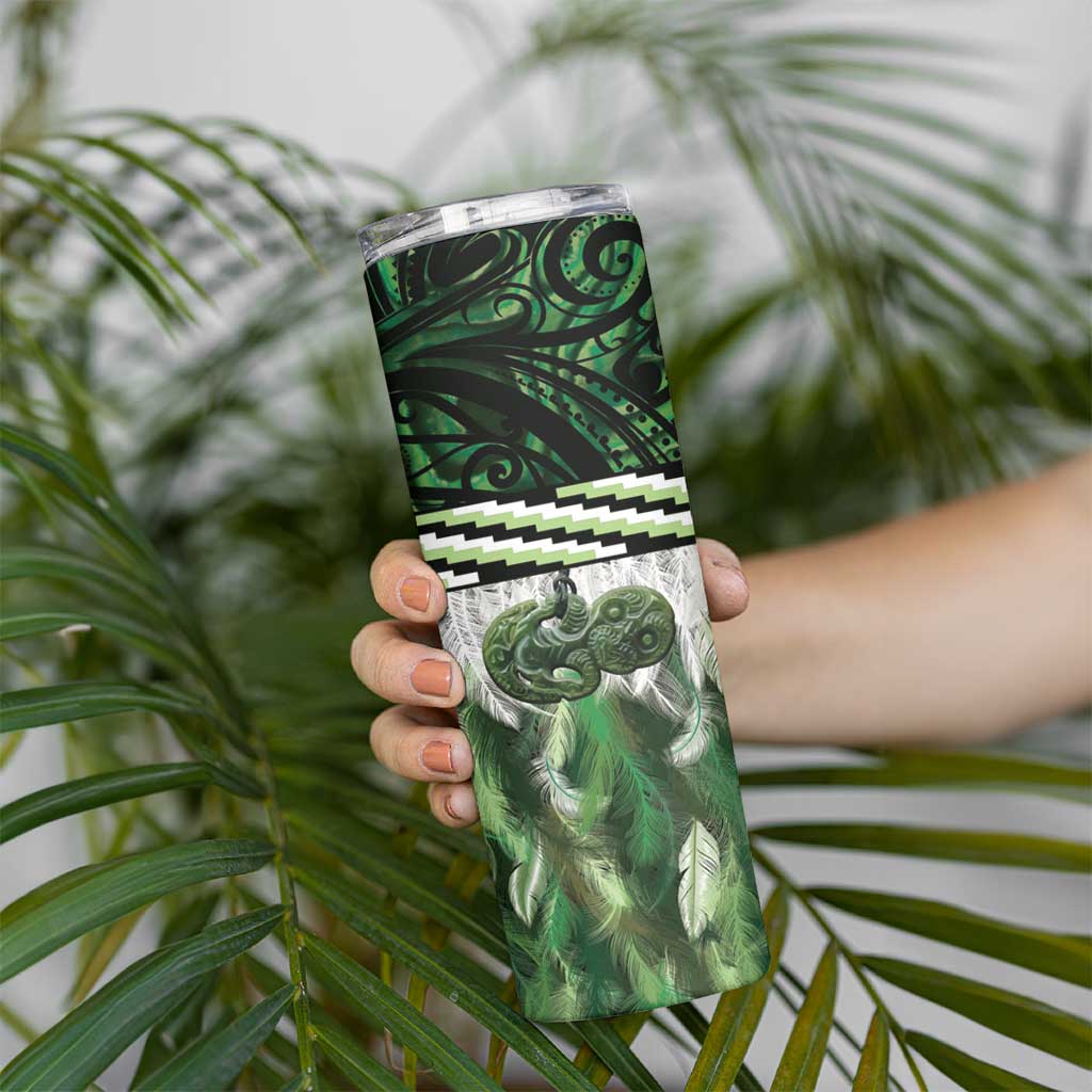 Green Traditional Cloak Aotearoa Skinny Tumbler Maori Paua Shell Korowai Pattern