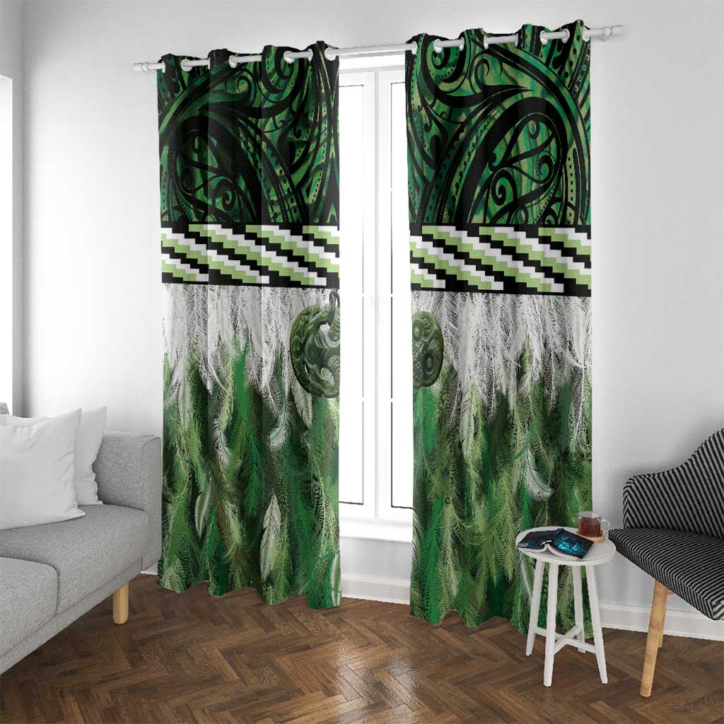 Green Traditional Cloak Aotearoa Window Curtain Maori Paua Shell Korowai Pattern LT14 With Grommets Green - Polynesian Pride