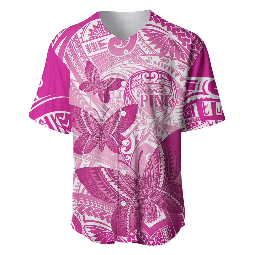 Personalised Polynesia Breast Cancer Awareness Baseball Jersey Think Pink Ribbon Polynesian Butterflies LT14 Pink - Polynesian Pride