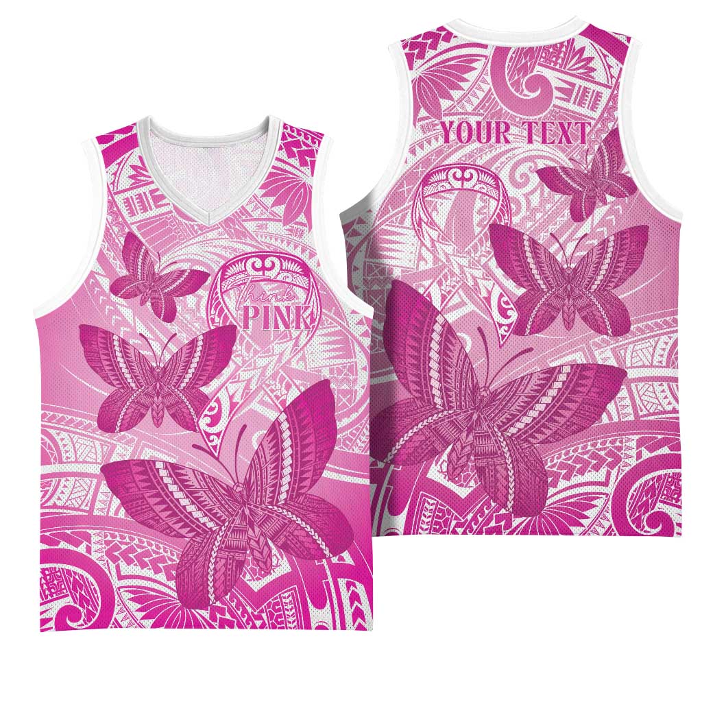 Personalised Polynesia Breast Cancer Awareness Basketball Jersey Think Pink Ribbon Polynesian Butterflies
