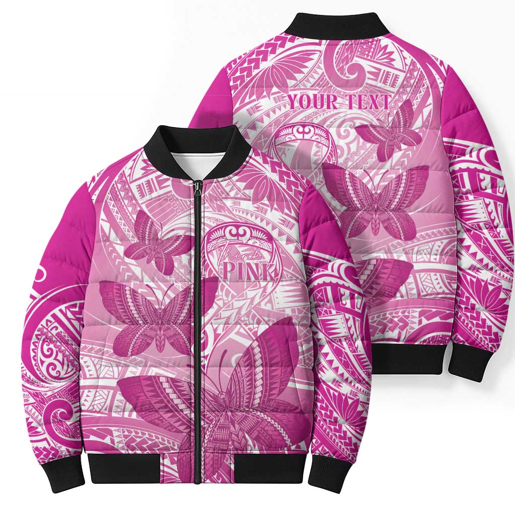 Personalised Polynesia Breast Cancer Awareness Bomber Puffer Jacket Think Pink Ribbon Polynesian Butterflies