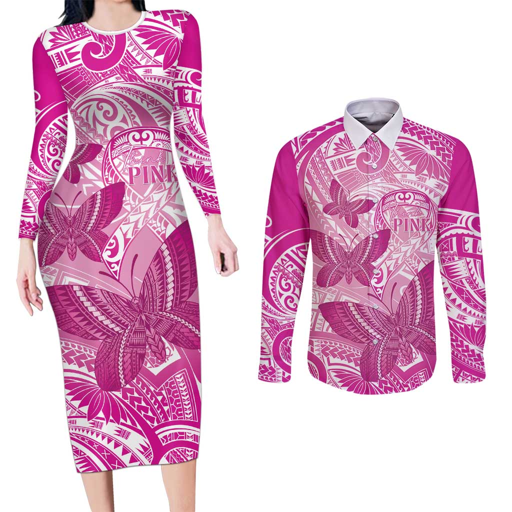 Personalised Polynesia Breast Cancer Awareness Couples Matching Long Sleeve Bodycon Dress and Long Sleeve Button Shirt Think Pink Ribbon Polynesian Butterflies LT14 Pink - Polynesian Pride