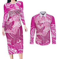 Personalised Polynesia Breast Cancer Awareness Couples Matching Long Sleeve Bodycon Dress and Long Sleeve Button Shirt Think Pink Ribbon Polynesian Butterflies LT14 Pink - Polynesian Pride