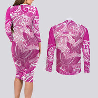 Personalised Polynesia Breast Cancer Awareness Couples Matching Long Sleeve Bodycon Dress and Long Sleeve Button Shirt Think Pink Ribbon Polynesian Butterflies LT14 - Polynesian Pride