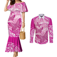 Personalised Polynesia Breast Cancer Awareness Couples Matching Mermaid Dress and Long Sleeve Button Shirt Think Pink Ribbon Polynesian Butterflies LT14 Pink - Polynesian Pride