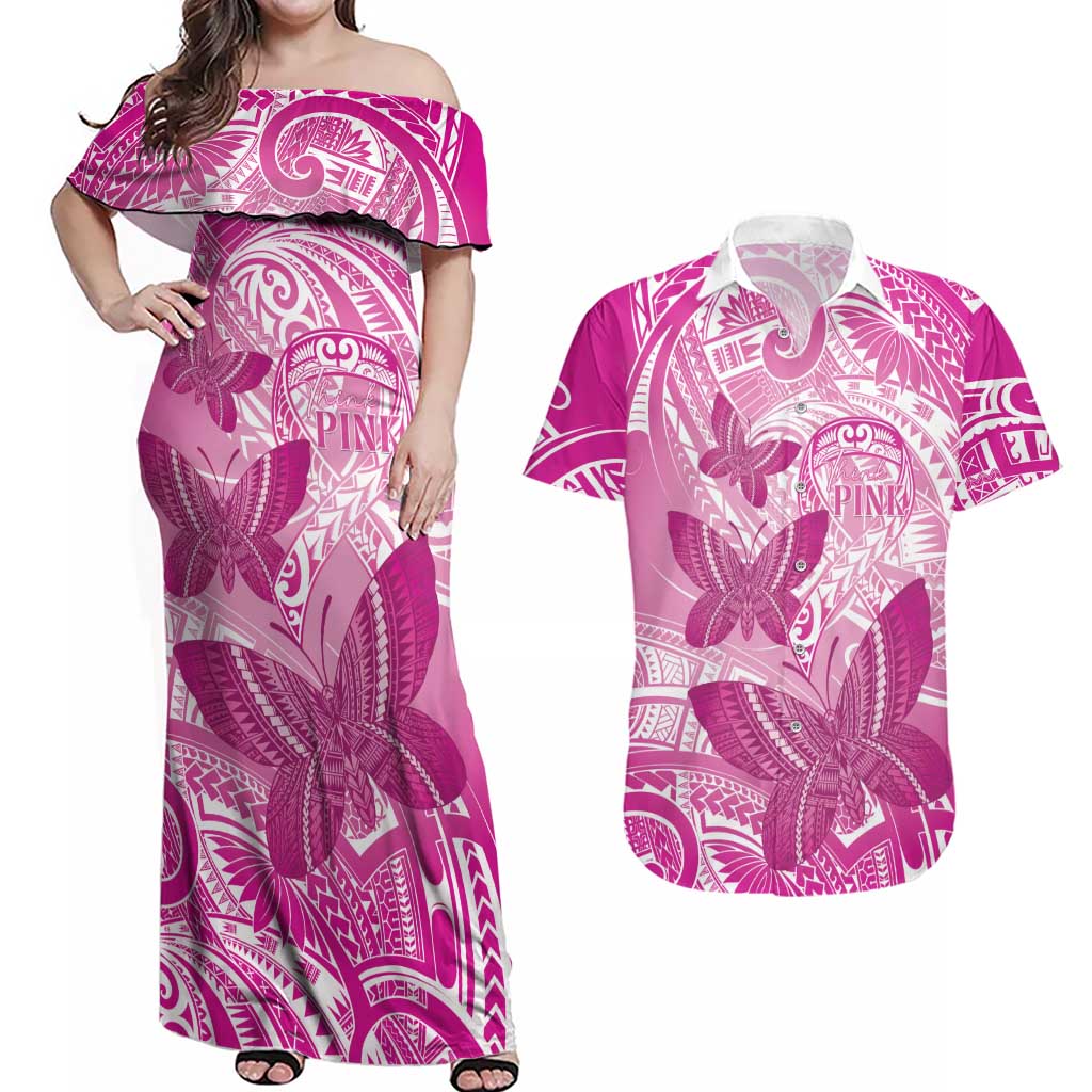 Personalised Polynesia Breast Cancer Awareness Couples Matching Off Shoulder Maxi Dress and Hawaiian Shirt Think Pink Ribbon Polynesian Butterflies LT14 Pink - Polynesian Pride