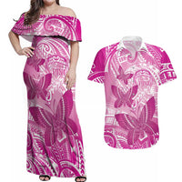 Personalised Polynesia Breast Cancer Awareness Couples Matching Off Shoulder Maxi Dress and Hawaiian Shirt Think Pink Ribbon Polynesian Butterflies LT14 Pink - Polynesian Pride